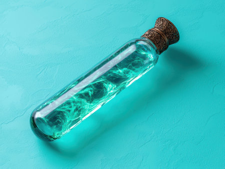 Teal liquid in a glass bottle with an ornate metal capの素材