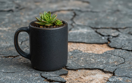 Succulent in a black mug on cracked earthの素材
