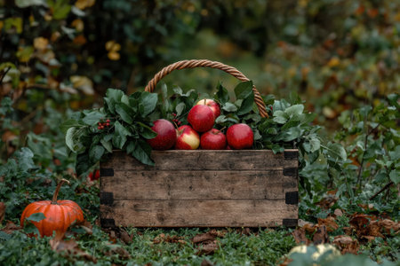 Autumn harvest: red apples in a wooden crateの素材