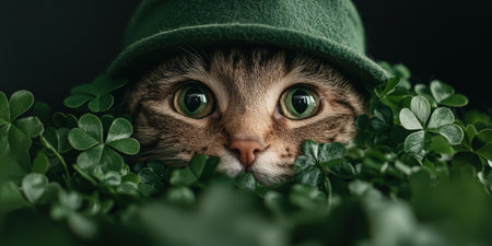 Cute tabby cat wearing a green hat peeking from green cloverの素材