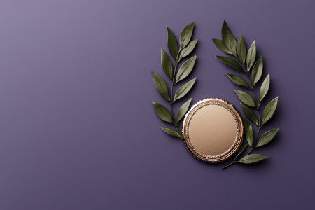 Blank bronze medal with green leaves on purple backgroundの素材