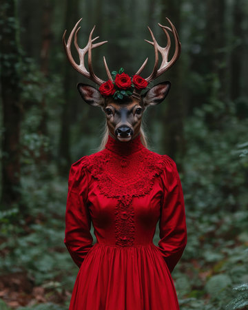 Deer woman in red dress in the forestの素材