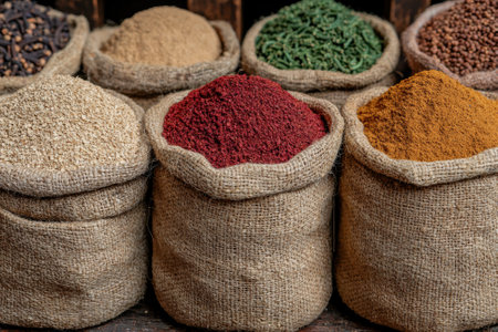 Assortment of spices in burlap sacksの素材