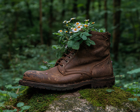 Old boot with wildflowers growing inside, sitting on mossy rockの素材