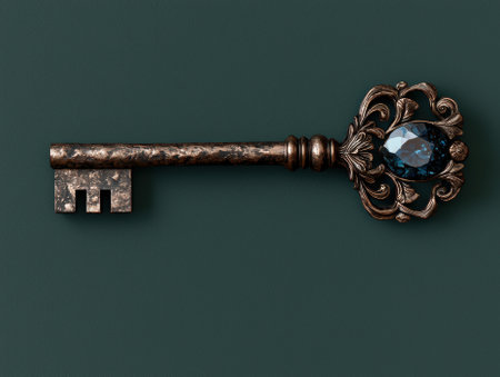 Antique ornate key with a dark blue gemstoneの素材
