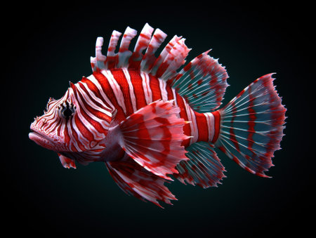 Red and white lionfish swimming in dark waterの素材