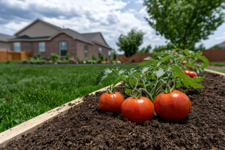 Ripe red tomatoes growing in a raised garden bedの素材