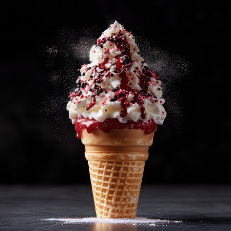 Delicious ice cream cone with sprinkles and sauceの素材