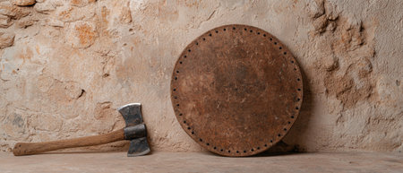 Medieval axe and shield leaning against a rustic stone wallの素材