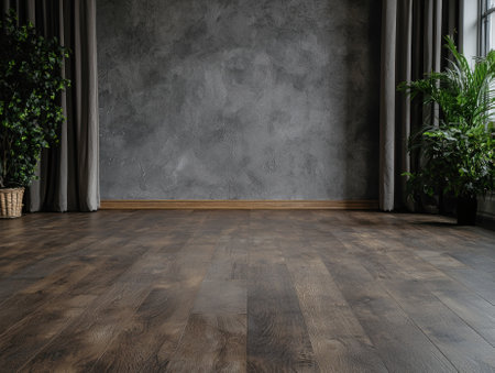 Empty room with dark hardwood floor, gray concrete wall, and plantsの素材