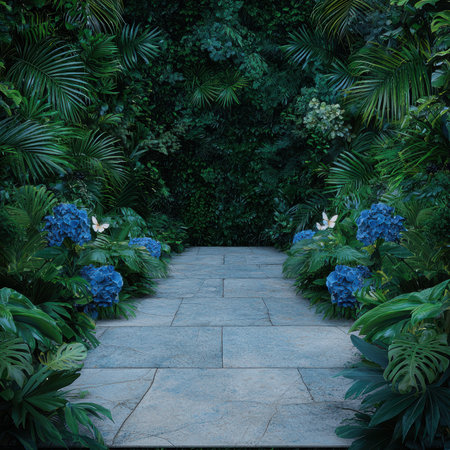 Stone pathway through lush tropical garden with blue hydrangeasの素材