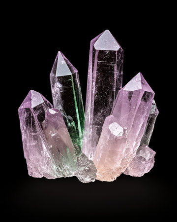 Amethyst and green quartz cluster on black backgroundの素材