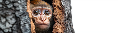 Curious monkey peeking from a tree holeの素材