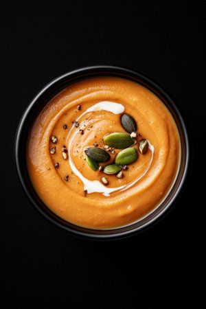 Creamy pumpkin soup in a black bowl, garnished with pumpkin seeds and pepperの素材