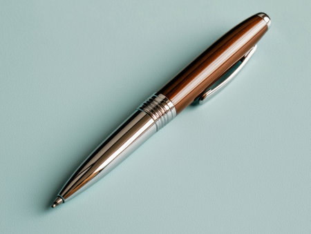 Close-up of a sophisticated pen with a wooden barrel and metallic accentsの素材