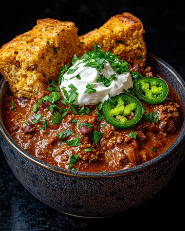 A hearty bowl of chili topped with sour cream and cornbreadの素材