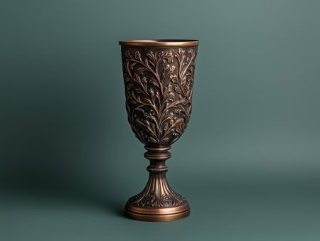Ornate bronze goblet on dark green backgroundの素材