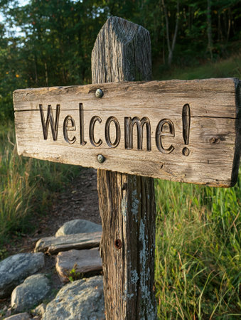 Rustic wooden welcome sign on a nature trailの素材