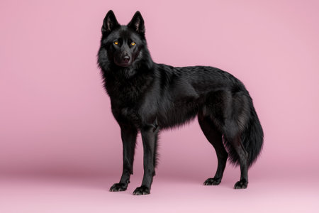 Black wolfdog standing on pink backgroundの素材