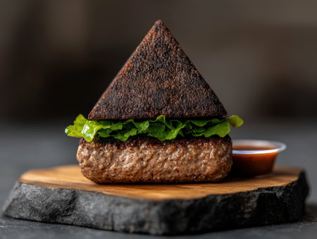 Gourmet triangular burger on wooden boardの素材