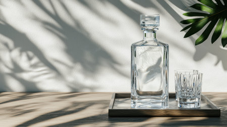Crystal decanter and glasses on wooden tray with palm shadowsの素材