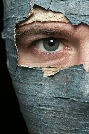 Close-up of a man's eye peering through cracked and peeling paintの素材