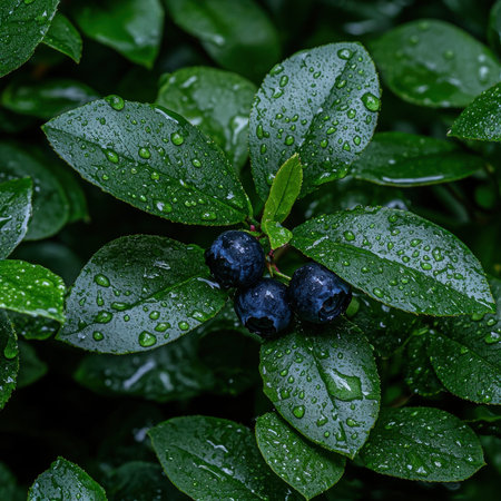 Close-up of ripe blueberries on a bush with water droplets on the leavesの素材