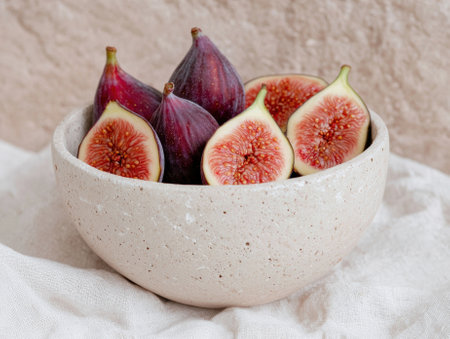 Ripe figs in a beige bowlの素材