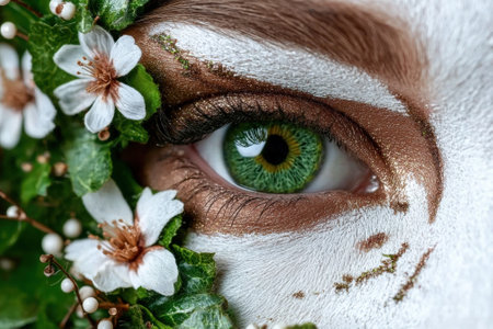 Close-up of a woman's eye with green iris, surrounded by white flowers and green leavesの素材