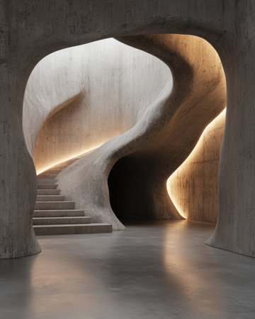 Abstract concrete architecture with a curving staircase and soft lightingの素材
