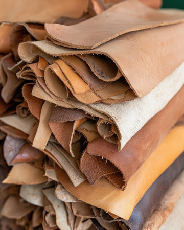 A stack of various leather hides in different colors and shades.の素材