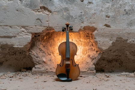 Antique violin in a niche of a weathered stone wallの素材