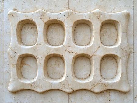 Abstract stone wall with carved geometric patternの素材