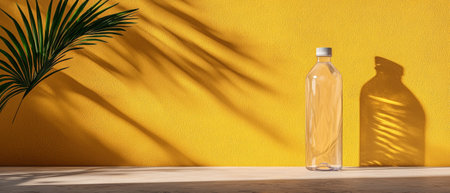 Clear water bottle on a yellow background with palm leaf shadowの素材