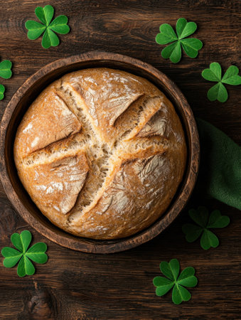 Delicious artisan bread in a wooden bowl, surrounded by shamrocksの素材