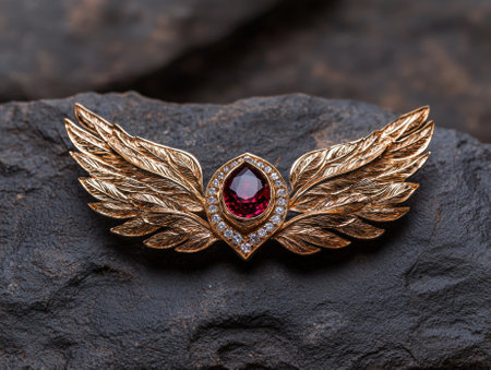 Gold wings pendant with red gemstone and diamondsの素材