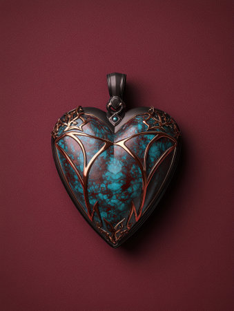 Ornate heart-shaped pendant with turquoise inlayの素材