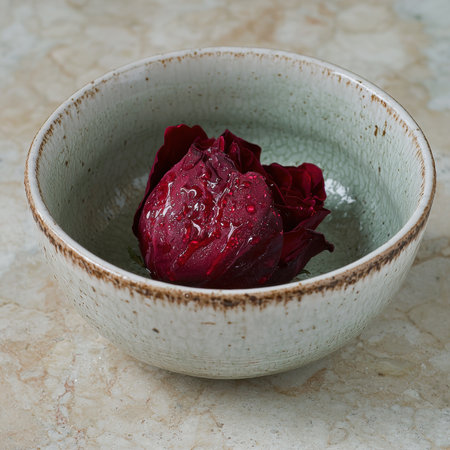 Single red rose in a rustic bowlの素材