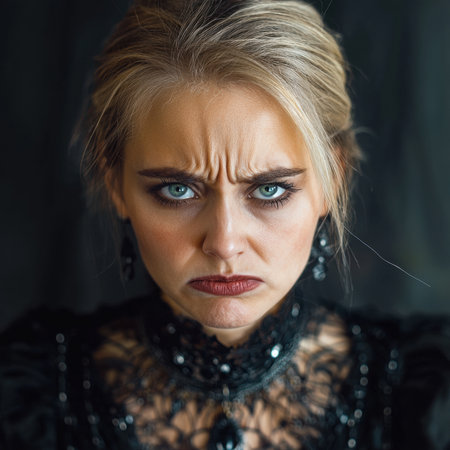Close-up portrait of a woman with a displeased expressionの素材
