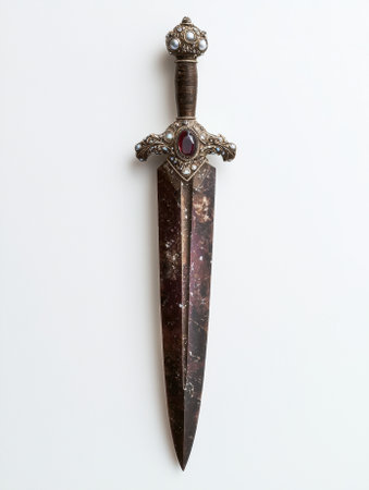 Ornate dagger with dark blade and gemstone accentsの素材