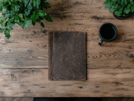 Dark wooden table with plants, book, and coffee cupの素材