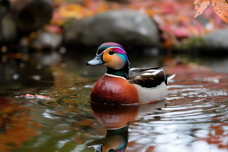 Mandarin duck swimming in a pond during autumnの素材