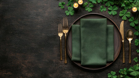 Elegant St. Patrick's Day table setting with gold cutlery and green napkinの素材