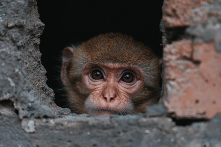 Curious monkey peeking through a hole in a wallの素材