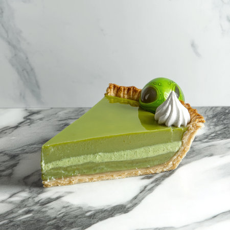 A slice of matcha green tea pie with a meringue toppingの素材