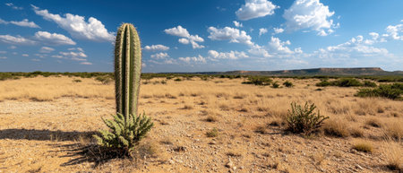 Lonely cactus in arid landscape under a blue skyの素材
