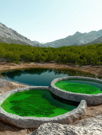 Two vibrant green pools nestled in a rocky landscape, surrounded by lush greenery and mountains.の素材