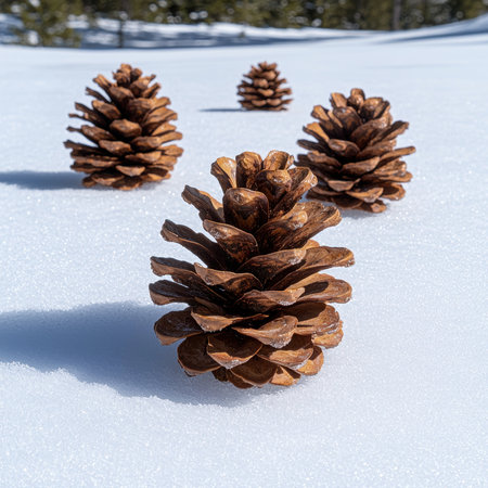 Pine cones on a snowy surfaceの素材