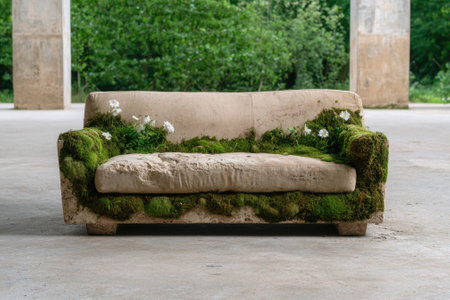 Overgrown stone sofa with moss and wildflowersの素材