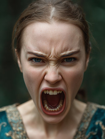 Close-up portrait of a woman screamingの素材